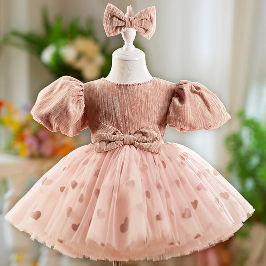 Girls' Dress Birthday Bow Puff Sleeve Puffy Gauze Princess Dres Children Dinner Suit PureLittleBloom.Co