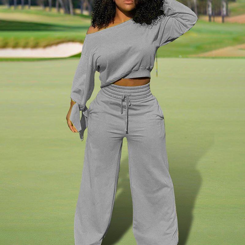 Women's One-Shoulder Casual Set - Solid Color Long Sleeve Top & Elastic Waist Pants With Drawstring & Pockets For Spring & Fall PureLittleBloom.Co