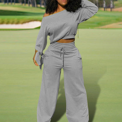 Women's One-Shoulder Casual Set - Solid Color Long Sleeve Top & Elastic Waist Pants With Drawstring & Pockets For Spring & Fall PureLittleBloom.Co