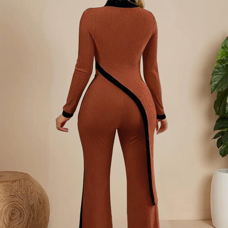 Women's  elegant outfits-neck Two-piece Long-sleeved Pants With Decorative Edges For Spring & Fall PureLittleBloom.Co