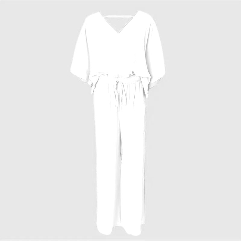Women's 2 Piece Outfit, Casual Solid Color V-Neck Half Sleeve Top And Wide Leg Pants women's outfit Lounge Set PureLittleBloom.Co
