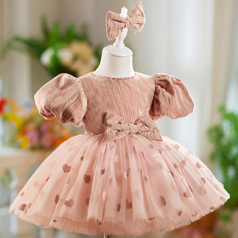 Girls' Dress Birthday Bow Puff Sleeve Puffy Gauze Princess Dres Children Dinner Suit PureLittleBloom.Co