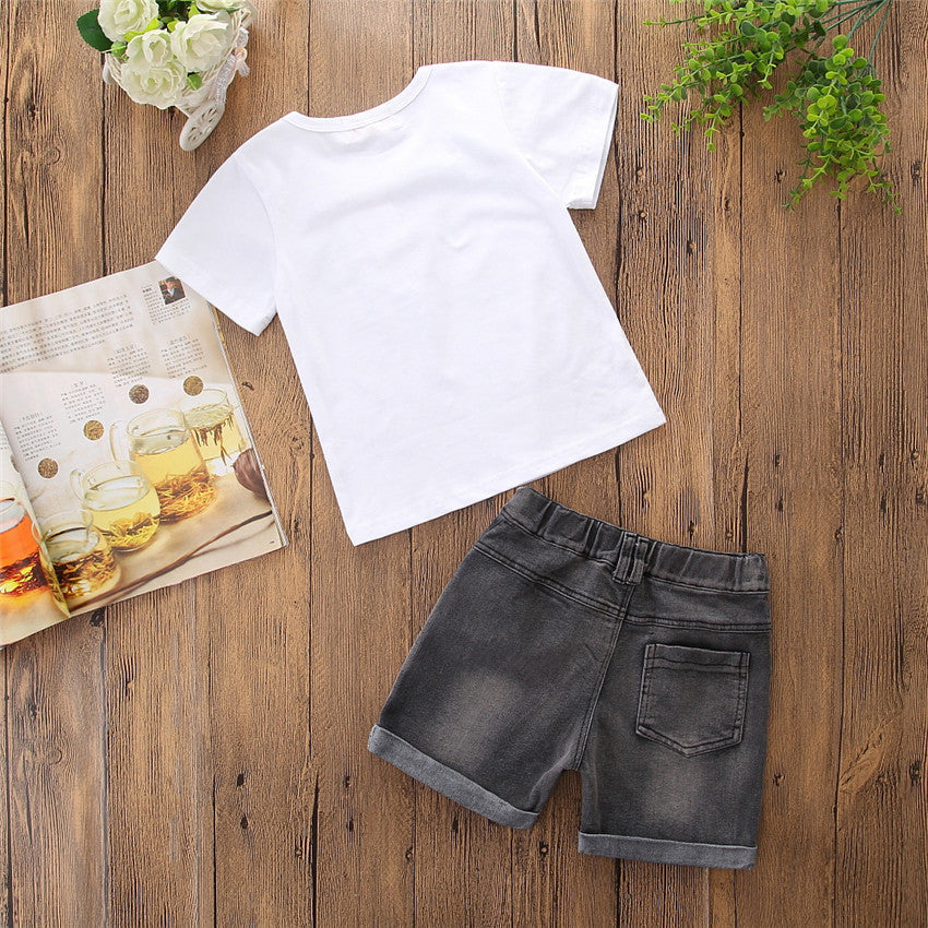 Boys' Short Sleeve Letter Denim Shorts Two-Piece Set PureLittleBloom.Co