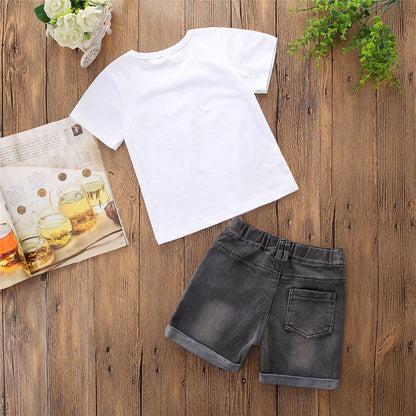 Boys' Short Sleeve Letter Denim Shorts Two-Piece Set PureLittleBloom.Co