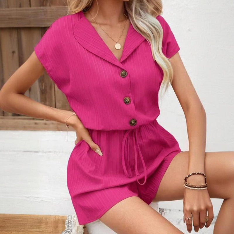 Women's 2-Piece Summer Lounge Set, Textured Short Sleeve Button-Down Shirt And Matching Shorts Outfit PureLittleBloom.Co