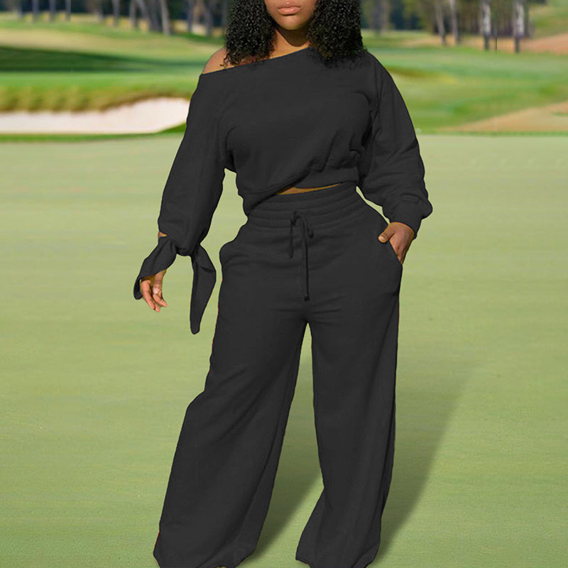 Women's One-Shoulder Casual Set - Solid Color Long Sleeve Top & Elastic Waist Pants With Drawstring & Pockets For Spring & Fall PureLittleBloom.Co