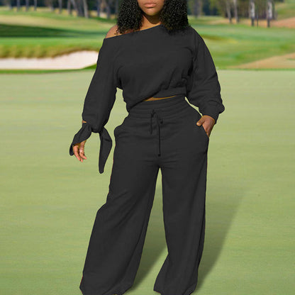 Women's One-Shoulder Casual Set - Solid Color Long Sleeve Top & Elastic Waist Pants With Drawstring & Pockets For Spring & Fall PureLittleBloom.Co