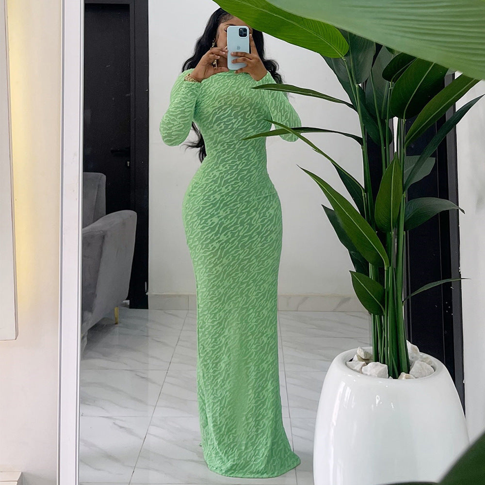 Round Neck Long Sleeve Flocking Slim Fit European And American Style Dress Women PureLittleBloom.Co