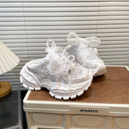 Pearl Lace Bow Baby Girl Daddy Shoes PureLittleBloom.Co