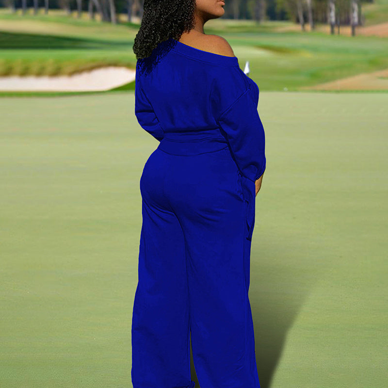 Women's One-Shoulder Casual Set - Solid Color Long Sleeve Top & Elastic Waist Pants With Drawstring & Pockets For Spring & Fall PureLittleBloom.Co