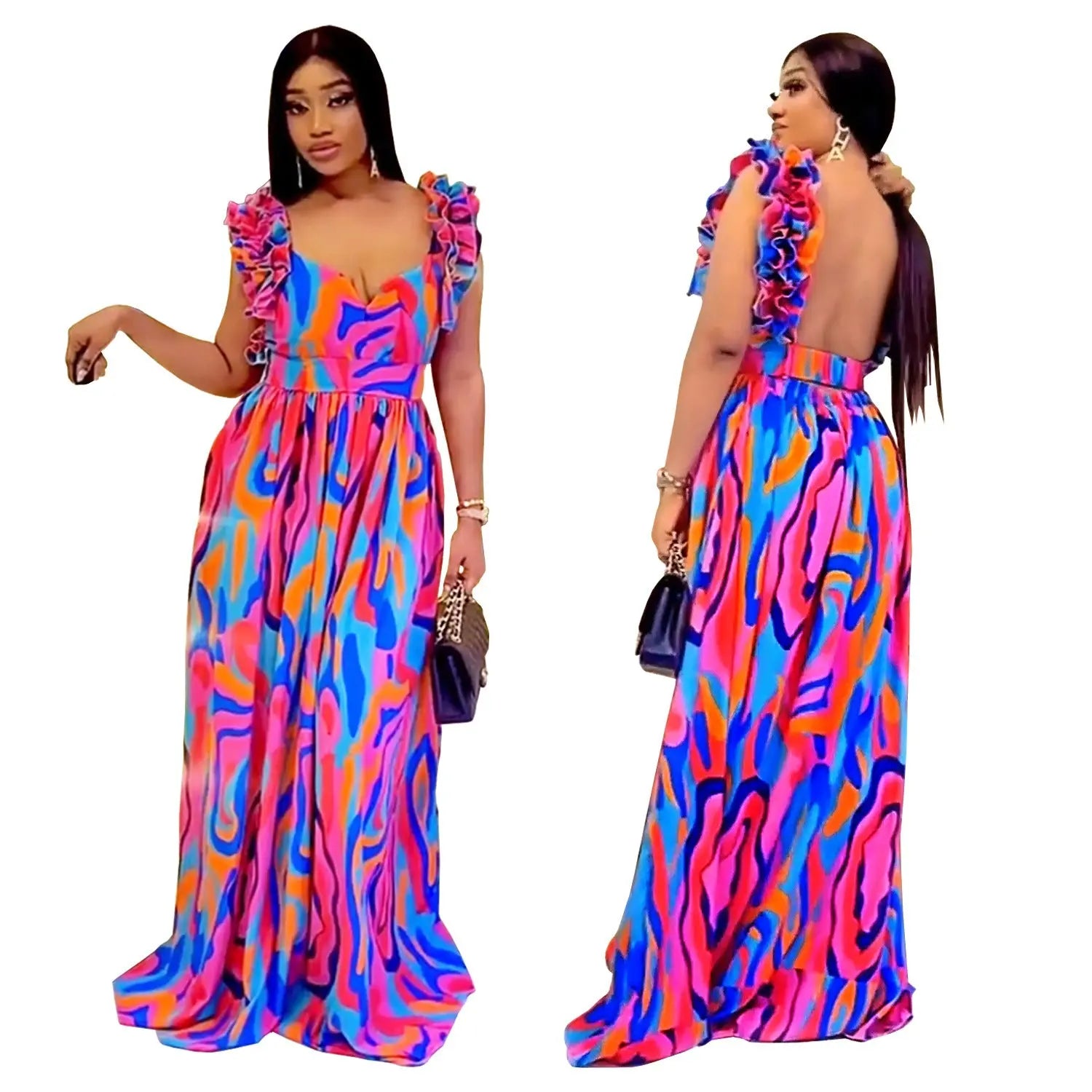 European And American Fashion Women's Wear Elegant Ruffled Shoulder Strap Printed Dress PureLittleBloom.Co