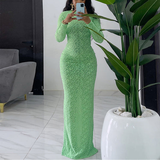 Round Neck Long Sleeve Flocking Slim Fit European And American Style Dress Women PureLittleBloom.Co