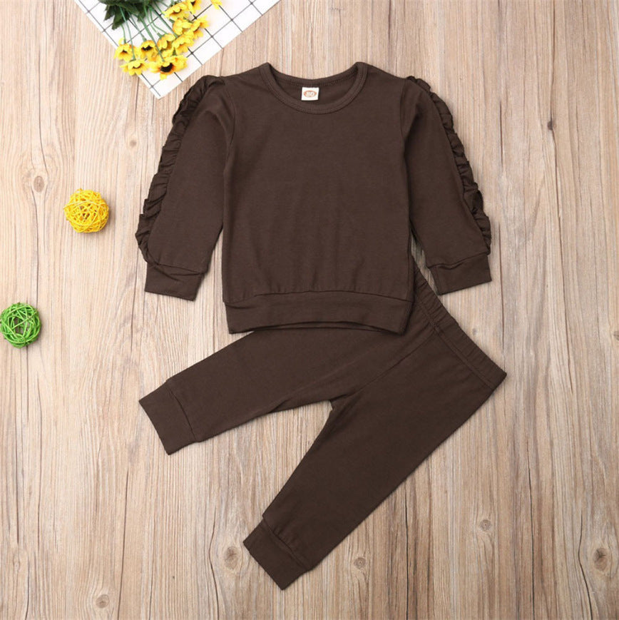 Newborn Baby Boys Girls Ruffles Jumper Solid Long Sleeve Sweatshirt Tops Pants Infant Kids 2Pcs Outfits Clothes Set Fall Clothes PureLittleBloom.Co
