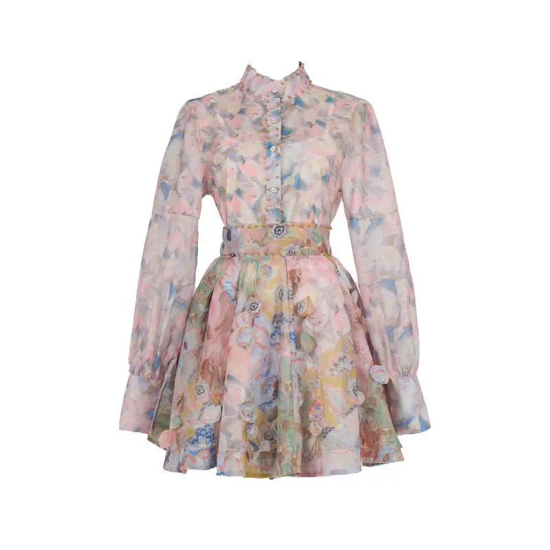 French Retro Stand Collar Printed Long Sleeve Slim-fit Top High Waist Skirt PureLittleBloom.Co