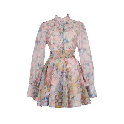 French Retro Stand Collar Printed Long Sleeve Slim-fit Top High Waist Skirt PureLittleBloom.Co