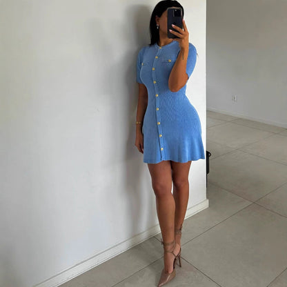Women's Fashion Front Button Rib Knit Dress PureLittleBloom.Co
