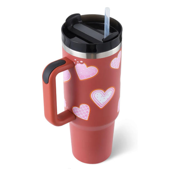 40 Oz Tumbler With Handle Straw Insulated, Stainless Steel Spill Proof Vacuum Coffee Cup Tumbler With Lid Tapered Mug Gifts For Valentine Lover Suitable For Car Gym Office Travel PureLittleBloom.Co