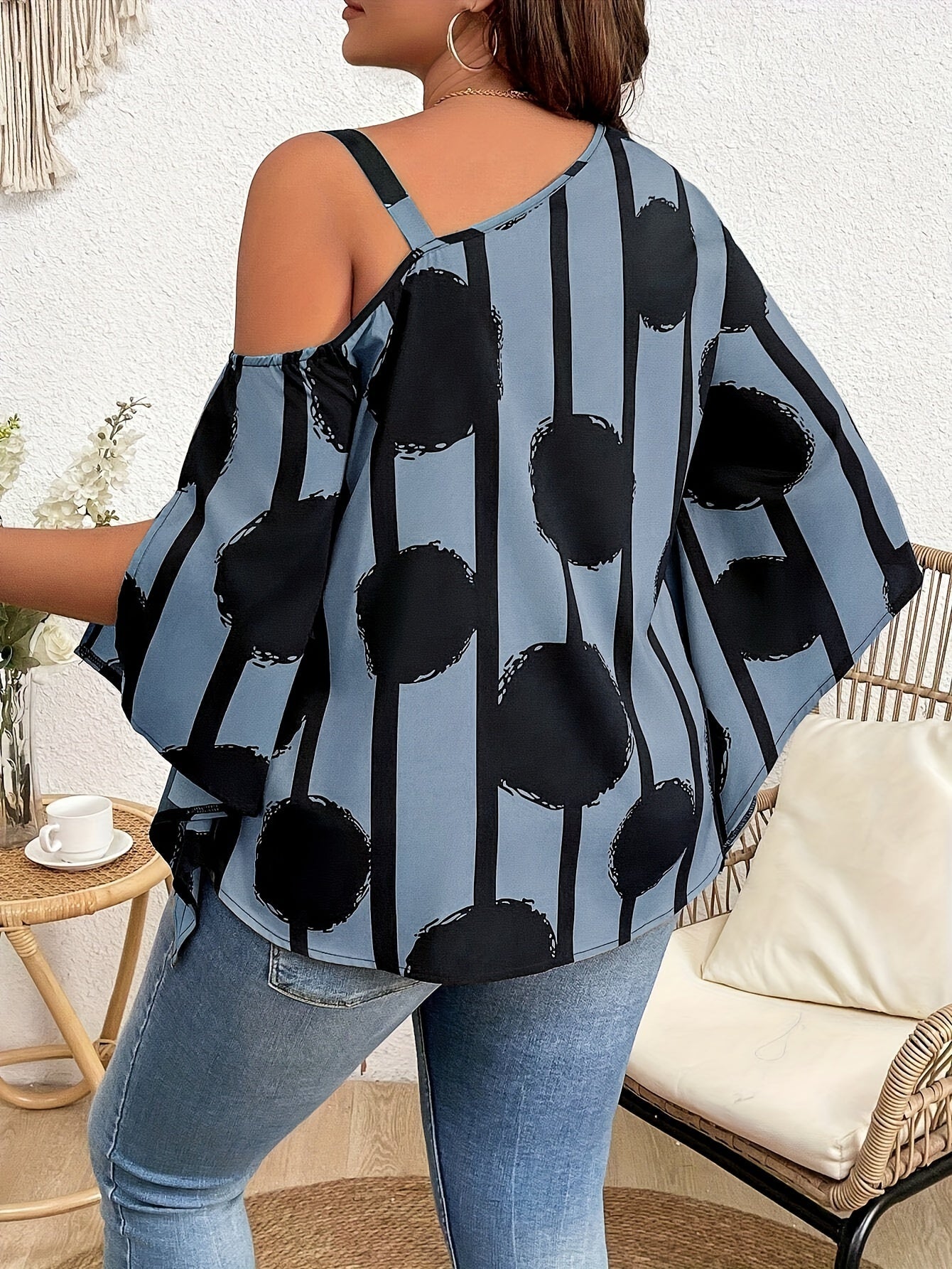Women's Plus Size Printed Fashion Off-the-Shoulder Charming Chain Three-quarter Sleeve Blouse - Casual Top PureLittleBloom.Co