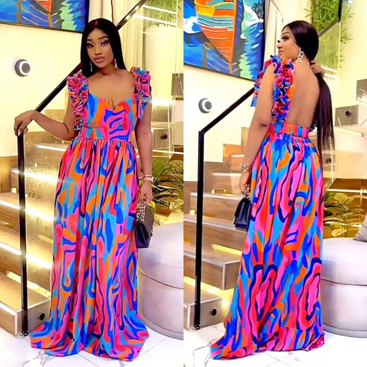 European And American Fashion Women's Wear Elegant Ruffled Shoulder Strap Printed Dress PureLittleBloom.Co