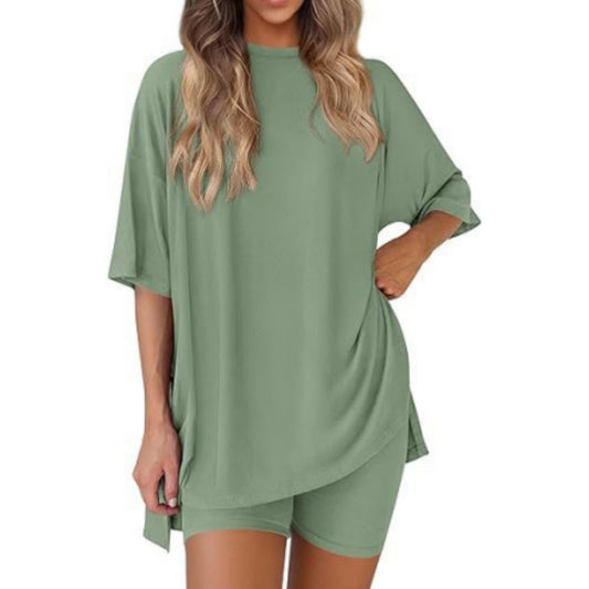 Casual Crew Neck Split Loose Shorts Short Sleeve Home Wear Suit PureLittleBloom.Co