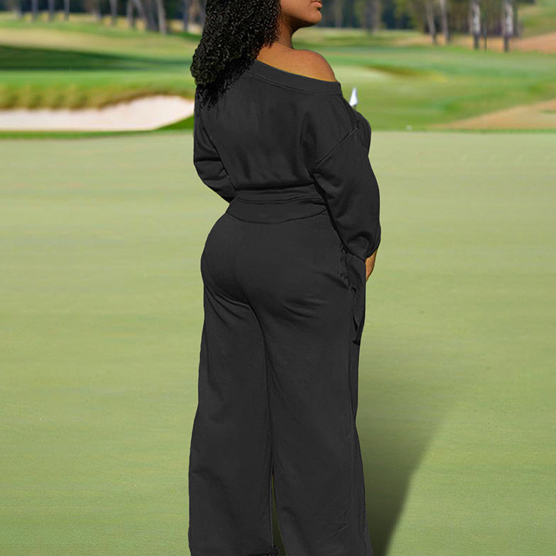 Women's One-Shoulder Casual Set - Solid Color Long Sleeve Top & Elastic Waist Pants With Drawstring & Pockets For Spring & Fall PureLittleBloom.Co
