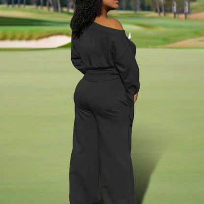 Women's One-Shoulder Casual Set - Solid Color Long Sleeve Top & Elastic Waist Pants With Drawstring & Pockets For Spring & Fall PureLittleBloom.Co