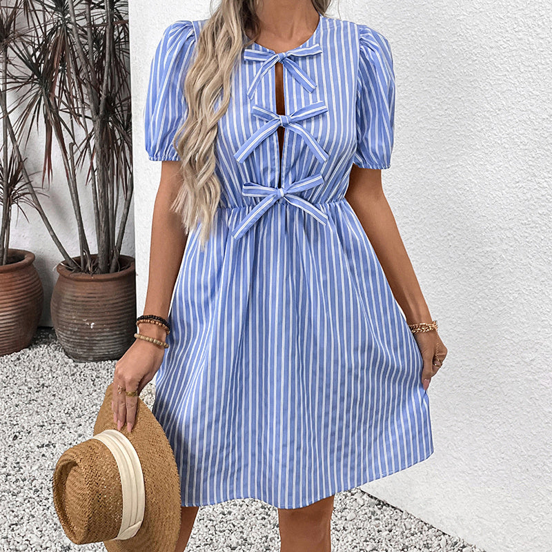 Women's Striped Tie Front Puff Sleeve Summer Casual Mini Dresses Loose Flowy Sundress PureLittleBloom.Co