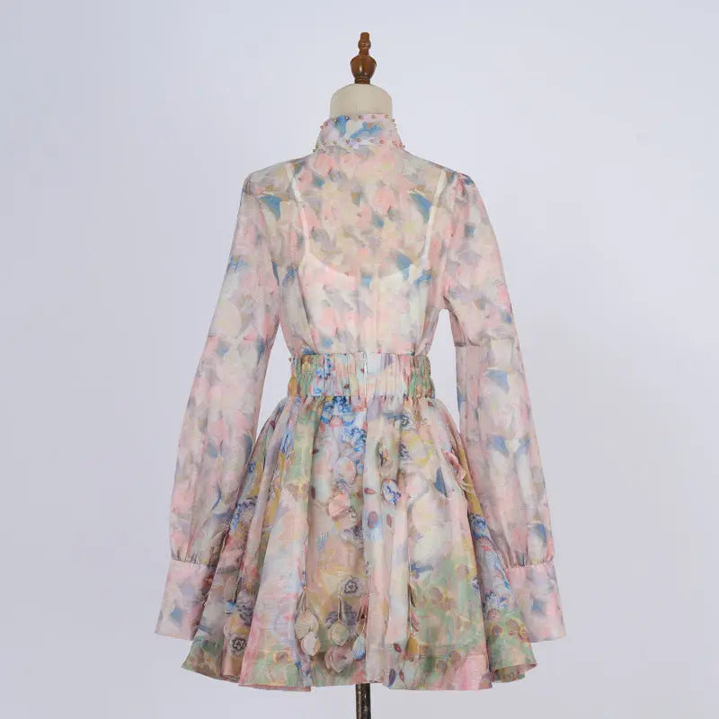 French Retro Stand Collar Printed Long Sleeve Slim-fit Top High Waist Skirt PureLittleBloom.Co
