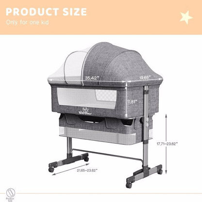 3-in-1 Bedside Crib With Mosquito Net, Large Storage Bag, Comfortable Mattress With Lockable Wheels, Grey PureLittleBloom.Co