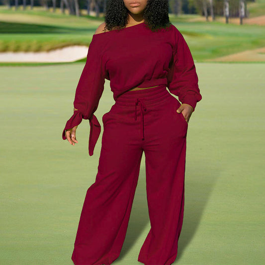 Women's One-Shoulder Casual Set - Solid Color Long Sleeve Top & Elastic Waist Pants With Drawstring & Pockets For Spring & Fall PureLittleBloom.Co