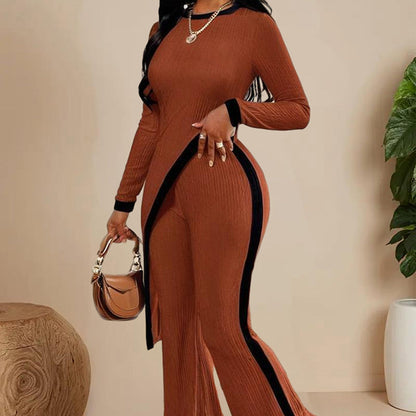 Women's  elegant outfits-neck Two-piece Long-sleeved Pants With Decorative Edges For Spring & Fall PureLittleBloom.Co