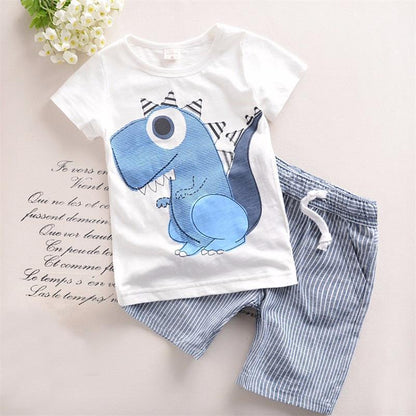 Boy Cartoon Dinosaur Short Sleeve Stripe Shorts Set PureLittleBloom.Co