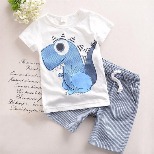 Boy Cartoon Dinosaur Short Sleeve Stripe Shorts Set PureLittleBloom.Co