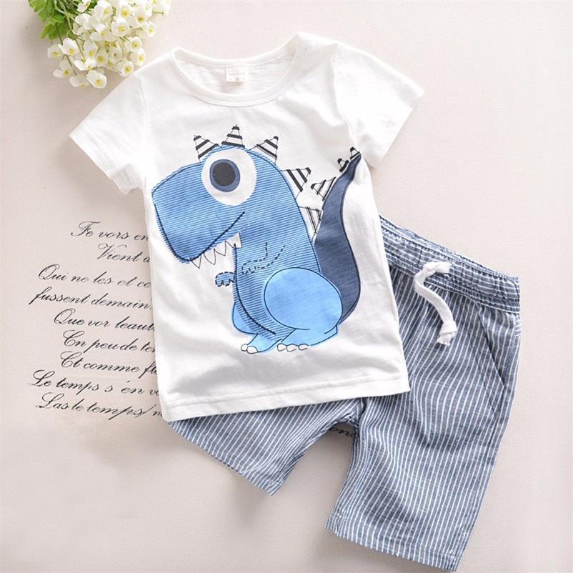 Boy Cartoon Dinosaur Short Sleeve Stripe Shorts Set PureLittleBloom.Co