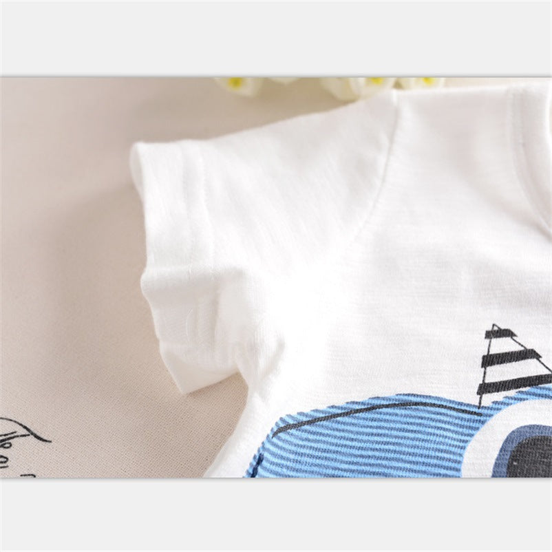 Boy Cartoon Dinosaur Short Sleeve Stripe Shorts Set PureLittleBloom.Co