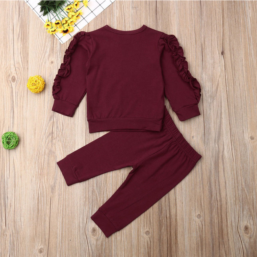 Newborn Baby Boys Girls Ruffles Jumper Solid Long Sleeve Sweatshirt Tops Pants Infant Kids 2Pcs Outfits Clothes Set Fall Clothes PureLittleBloom.Co