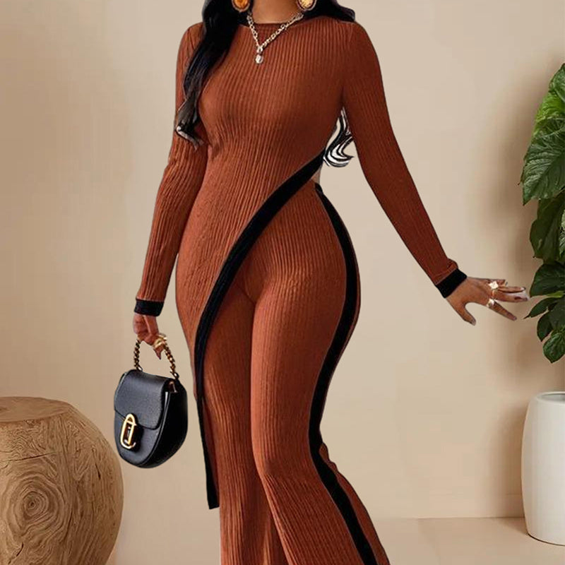 Women's  elegant outfits-neck Two-piece Long-sleeved Pants With Decorative Edges For Spring & Fall PureLittleBloom.Co