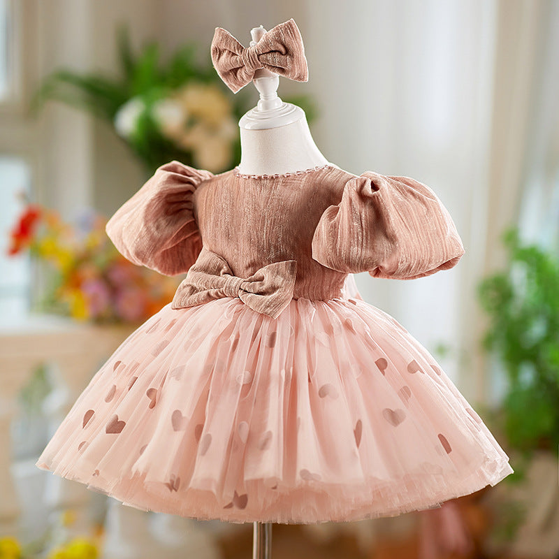 Girls' Dress Birthday Bow Puff Sleeve Puffy Gauze Princess Dres Children Dinner Suit PureLittleBloom.Co