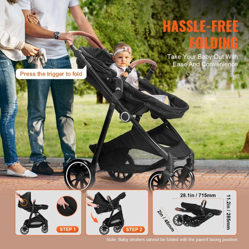Standard Baby Stroller, Infant Toddler Stroller With Bassinet, 3rd-Gear Adjustable Backrest & Foldable & Reversible Seat, Carbon Steel Newborn Stroller With Leg Cover And Mesh Net, Black PureLittleBloom.Co