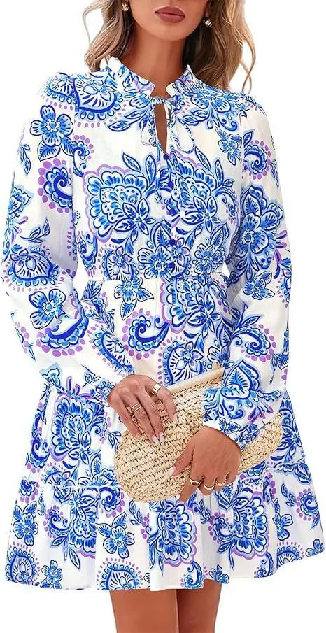 Elegant V-neck Flower Lace-up Long Sleeve Dress PureLittleBloom.Co