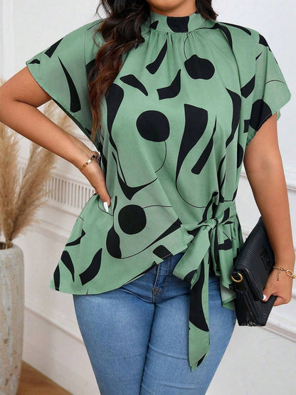 Plus-size Irregular Print Blouse For Women - Elegant Short-sleeve Work Top For Summer PureLittleBloom.Co