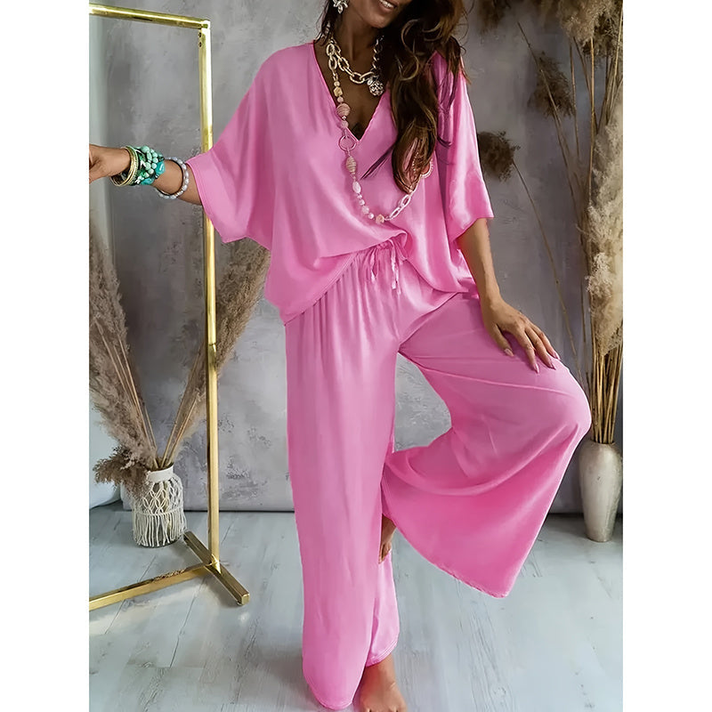 Women's 2 Piece Outfit, Casual Solid Color V-Neck Half Sleeve Top And Wide Leg Pants women's outfit Lounge Set PureLittleBloom.Co