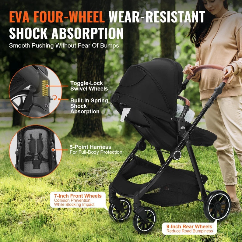 Standard Baby Stroller, Infant Toddler Stroller With Bassinet, 3rd-Gear Adjustable Backrest & Foldable & Reversible Seat, Carbon Steel Newborn Stroller With Leg Cover And Mesh Net, Black PureLittleBloom.Co