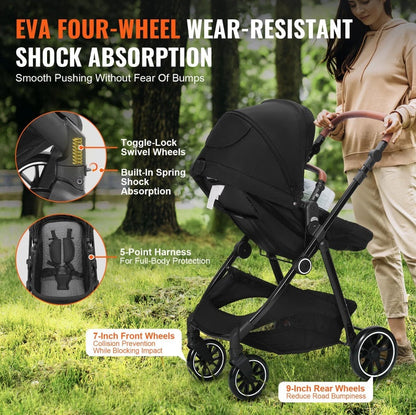 Standard Baby Stroller, Infant Toddler Stroller With Bassinet, 3rd-Gear Adjustable Backrest & Foldable & Reversible Seat, Carbon Steel Newborn Stroller With Leg Cover And Mesh Net, Black PureLittleBloom.Co