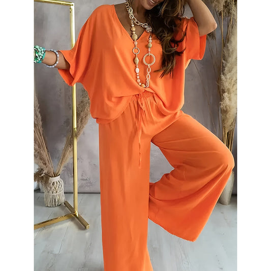 Women's 2 Piece Outfit, Casual Solid Color V-Neck Half Sleeve Top And Wide Leg Pants women's outfit Lounge Set PureLittleBloom.Co