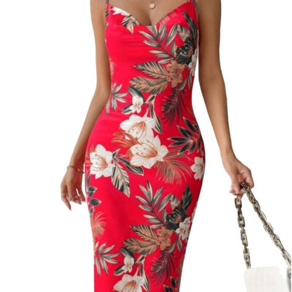 Women's Side Slit Printed Mid-length Sling Dress PureLittleBloom.Co