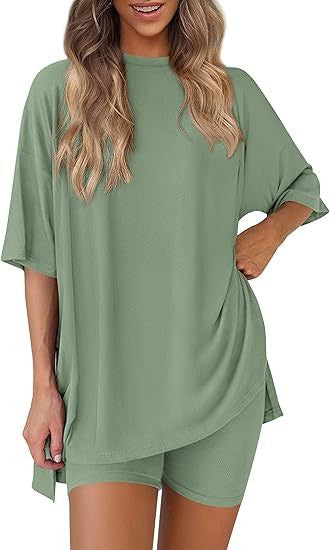 Casual Crew Neck Split Loose Shorts Short Sleeve Home Wear Suit PureLittleBloom.Co