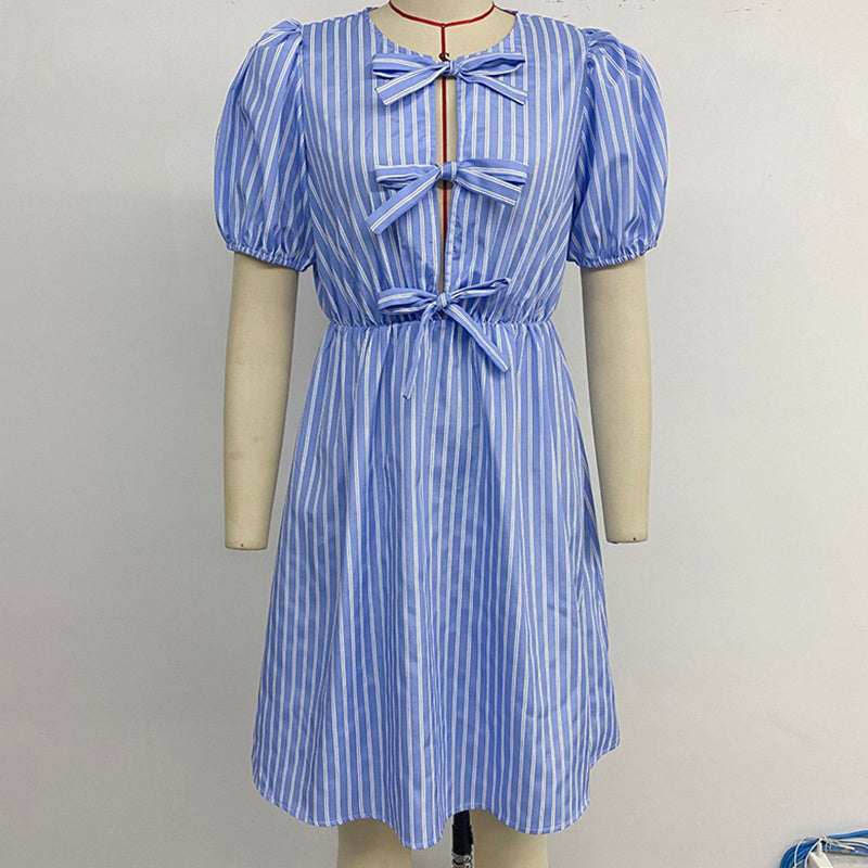Women's Striped Tie Front Puff Sleeve Summer Casual Mini Dresses Loose Flowy Sundress PureLittleBloom.Co