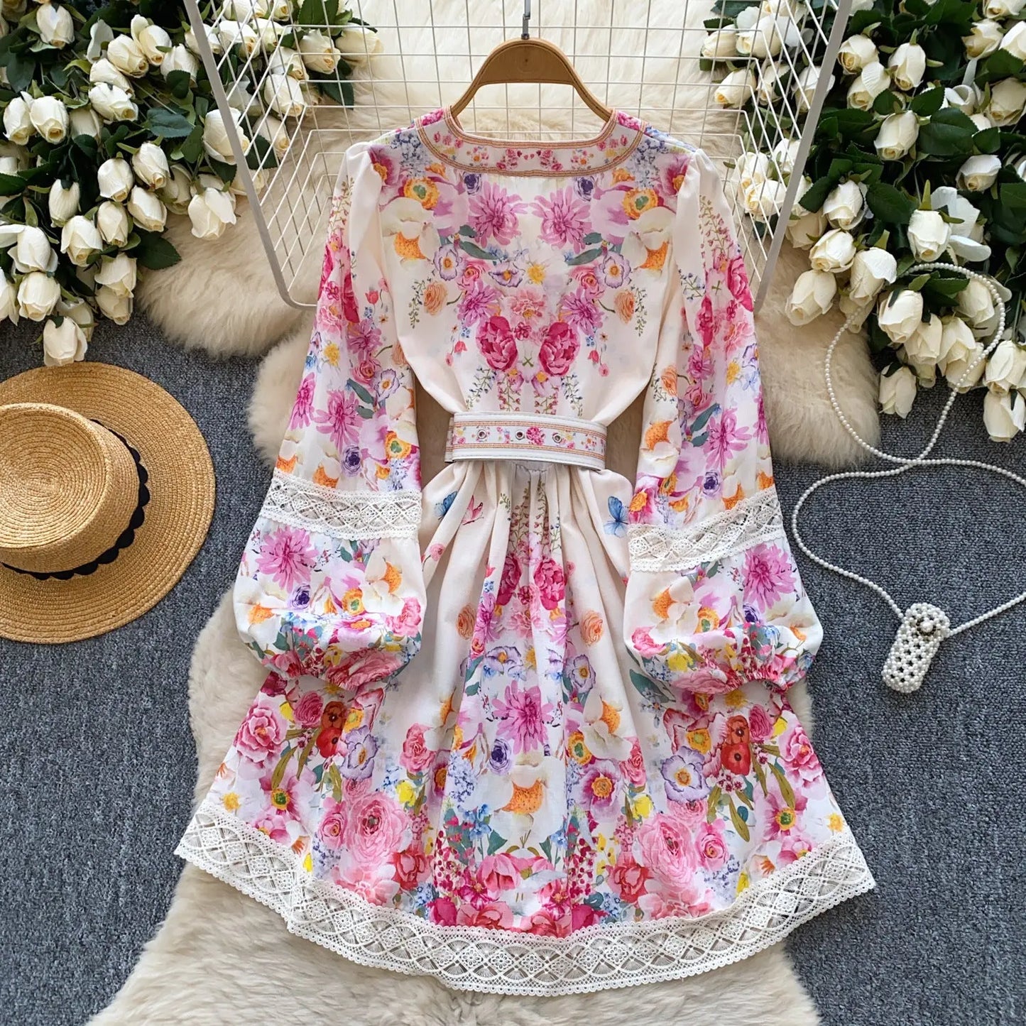 Vintage Lace V-neck Patchwork Waist A- Line Skirt PureLittleBloom.Co