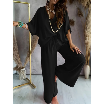 Women's 2 Piece Outfit, Casual Solid Color V-Neck Half Sleeve Top And Wide Leg Pants women's outfit Lounge Set PureLittleBloom.Co